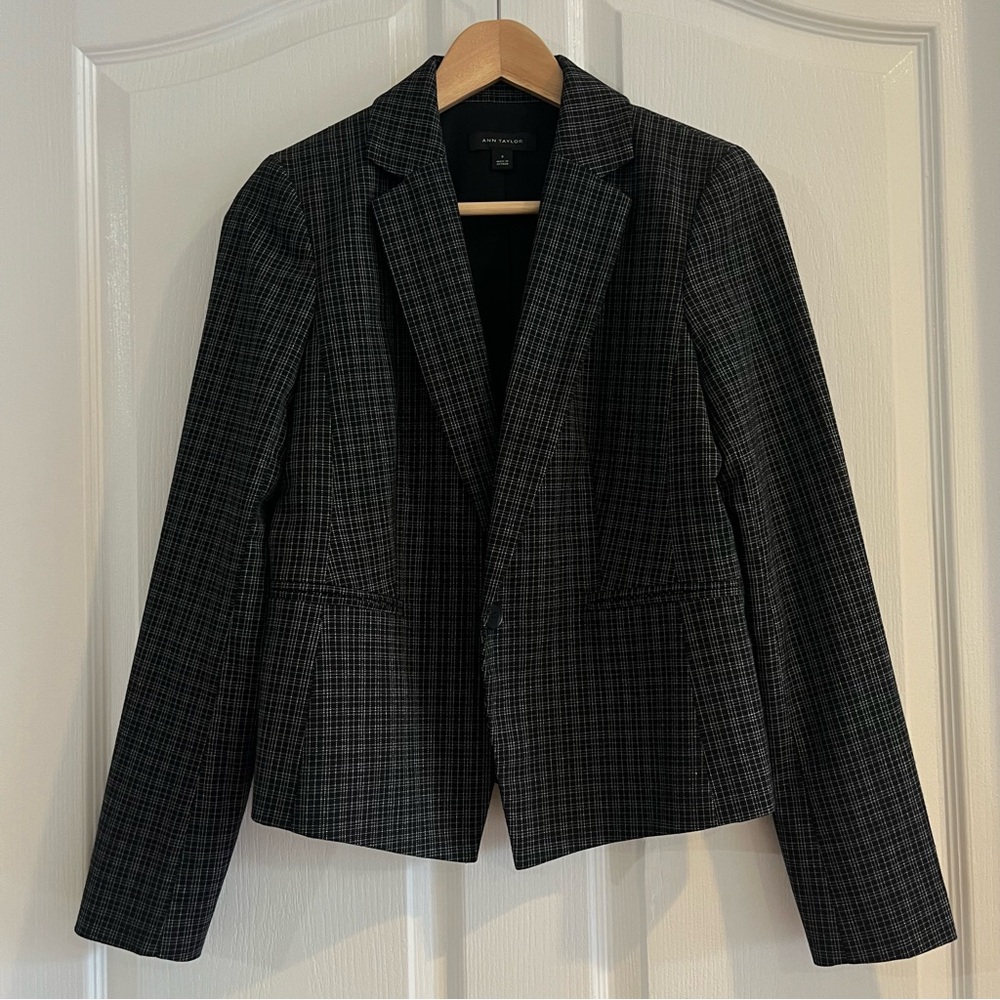Ann Taylor Women’s Plaid Fitted Peplum Blazer Chic Office Business Gray Sz 0